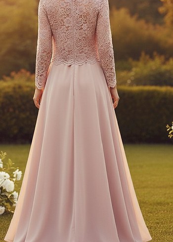 Dantel Detaylı Uzun Kollu Bej Nişan Elbisesi - Görsel 2