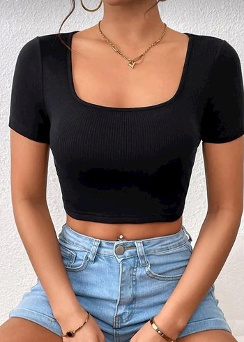 fitilli pamuklu kumaş örme kare yaka crop
