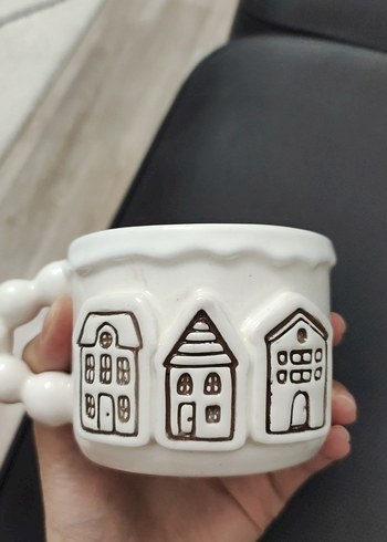 Beyaz Ev Figürlü el yapımı Seramik Kupa - Görsel 7