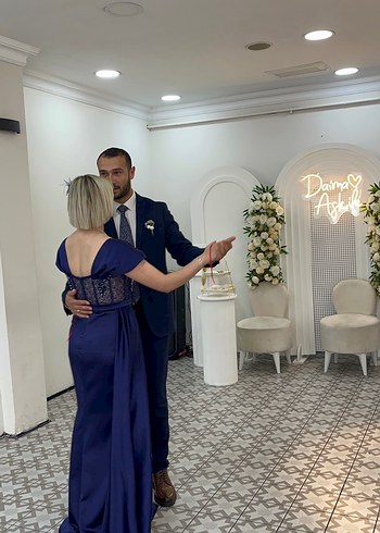 Abiye Parlak Lacivert Drapeli Uzun Abiye Elbise