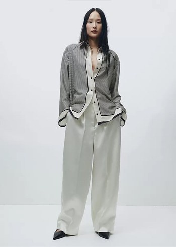 H&M Gri Keten Kadın Çizgili Gömlek