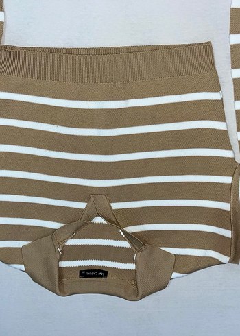 Bej Beyaz Çizgili Kadın Triko Sweatshirt - Görsel 4