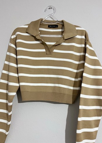 Bej Beyaz Çizgili Kadın Triko Sweatshirt - Görsel 2