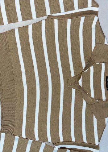 Bej Beyaz Çizgili Kadın Triko Sweatshirt - Görsel 3