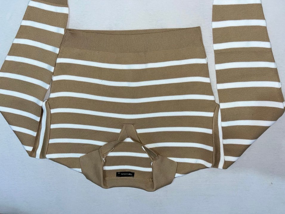 Bej Beyaz Çizgili Kadın Triko Sweatshirt - Görsel 4