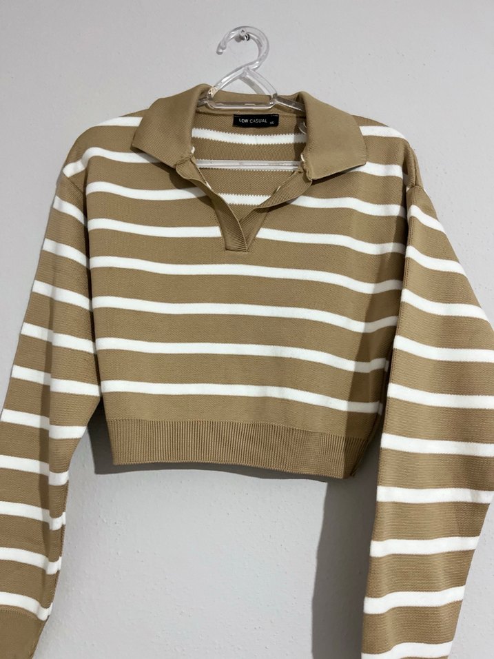 Bej Beyaz Çizgili Kadın Triko Sweatshirt - Görsel 2