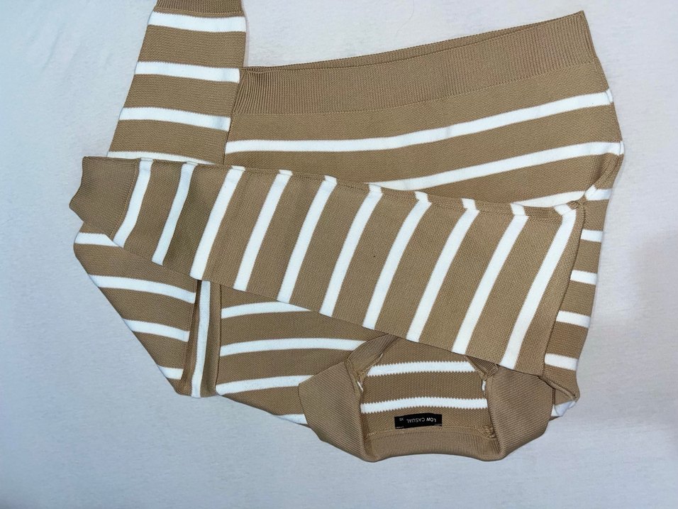 Bej Beyaz Çizgili Kadın Triko Sweatshirt - Görsel 5