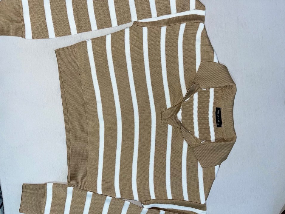 Bej Beyaz Çizgili Kadın Triko Sweatshirt - Görsel 3