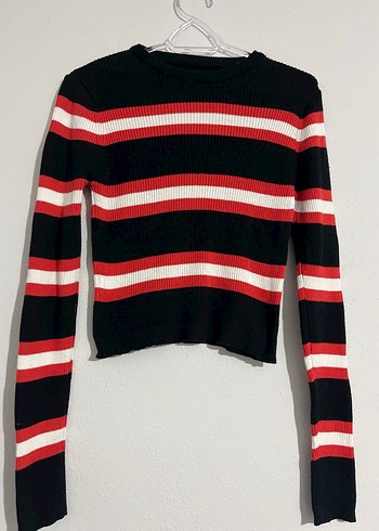 Kırmızı Çizgili Uzun Kollu Örgü Kadın Kazak - Görsel 3