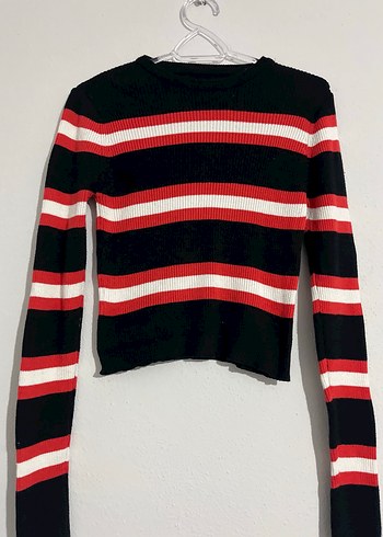 Kırmızı Çizgili Uzun Kollu Örgü Kadın Kazak - Görsel 2