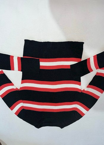 Kırmızı Çizgili Uzun Kollu Örgü Kadın Kazak - Görsel 4