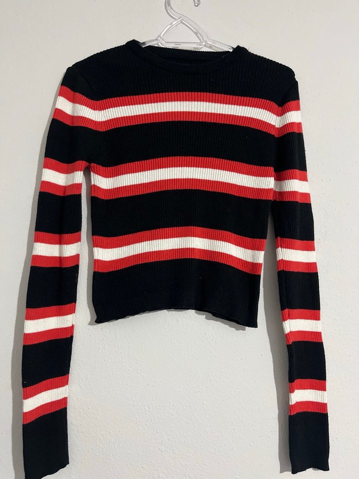 Kırmızı Çizgili Uzun Kollu Örgü Kadın Kazak - Görsel 3