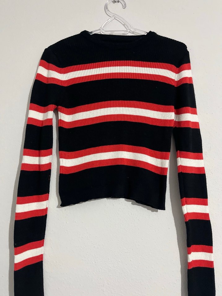 Kırmızı Çizgili Uzun Kollu Örgü Kadın Kazak - Görsel 2