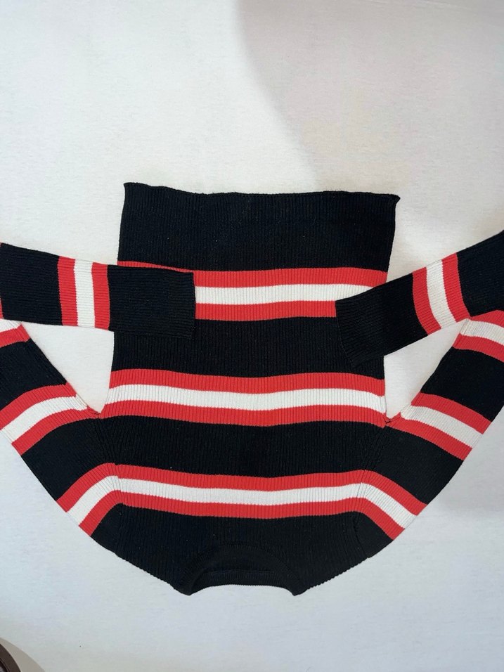 Kırmızı Çizgili Uzun Kollu Örgü Kadın Kazak - Görsel 4