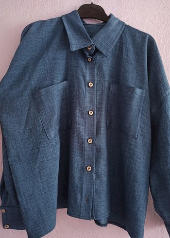 lacivert Keten Kadın Gömlek - Görsel 2