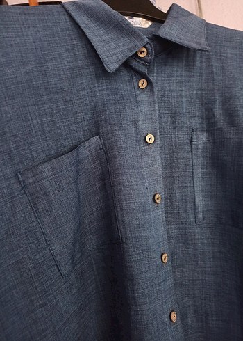 lacivert Keten Kadın Gömlek - Görsel 4