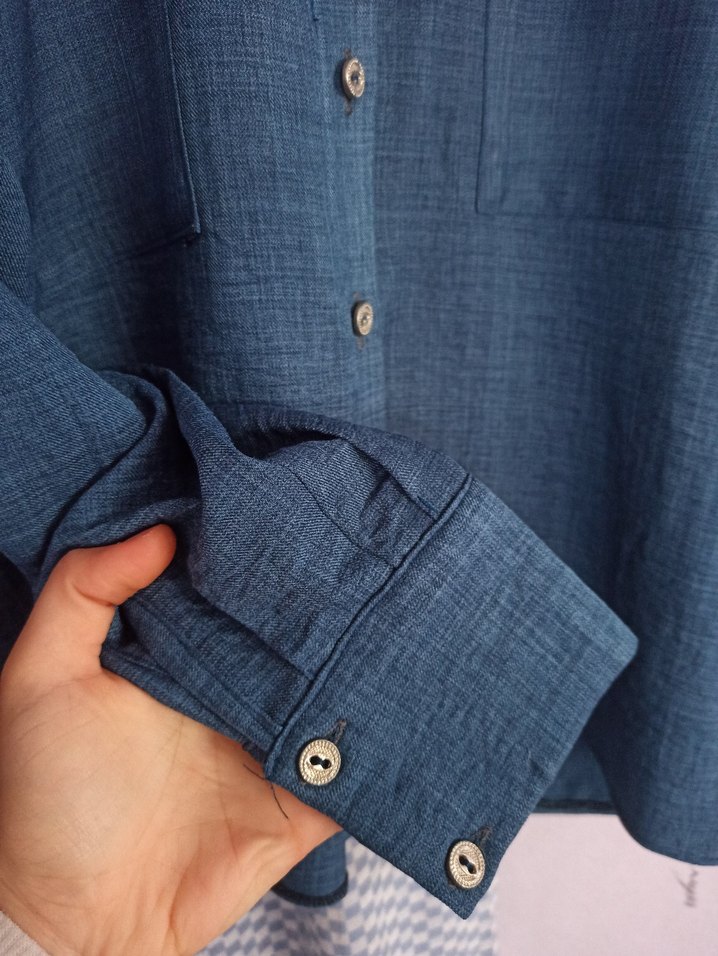 lacivert Keten Kadın Gömlek - Görsel 3