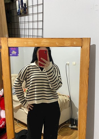 Bej Zebra Desenli Örgü Kadın Kazak - Görsel 2