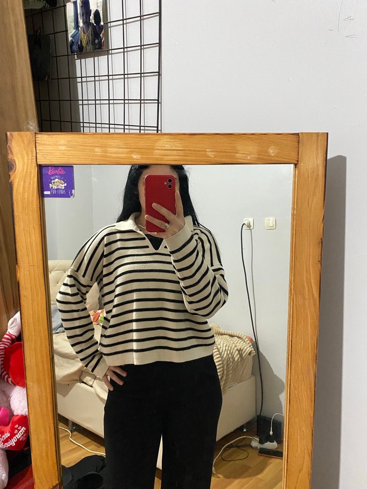 Bej Zebra Desenli Örgü Kadın Kazak - Görsel 2