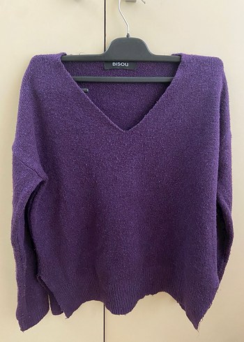 Mor V Yaka Kadın Yün Kazak - Görsel 2