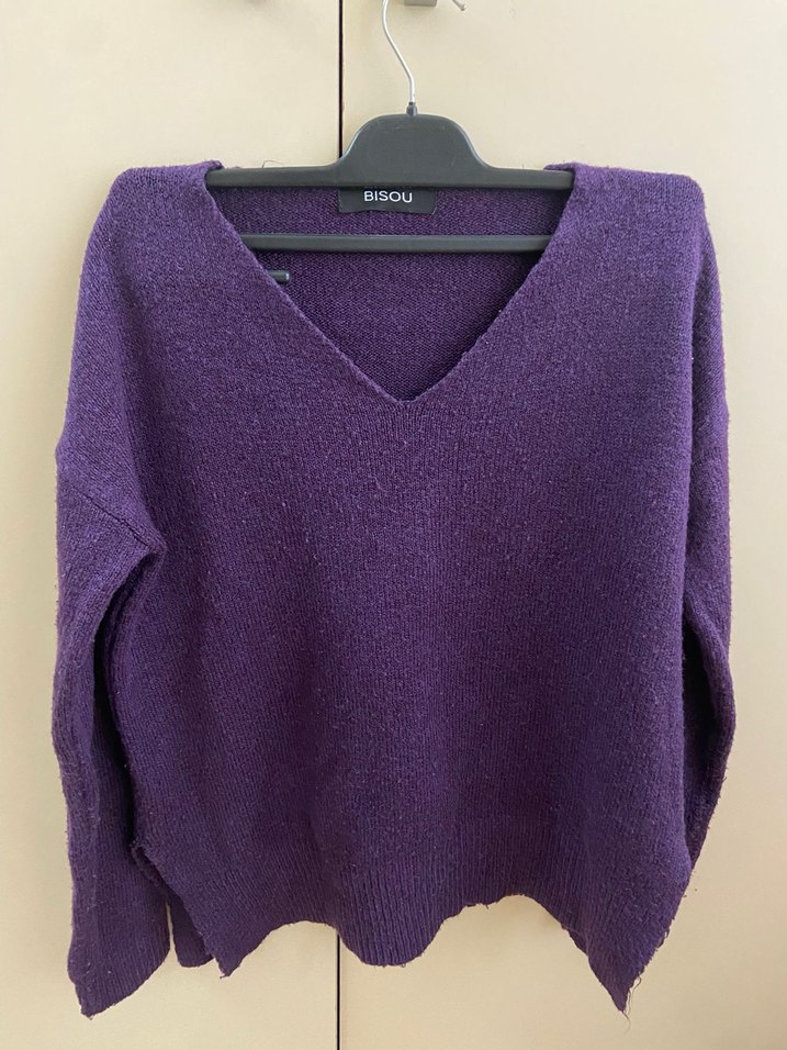 Mor V Yaka Kadın Yün Kazak - Görsel 2