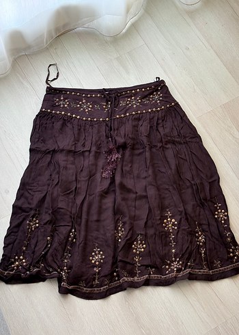 Mürdüm Nakışlı Boncuklu Vintage Bohem Midi Etek