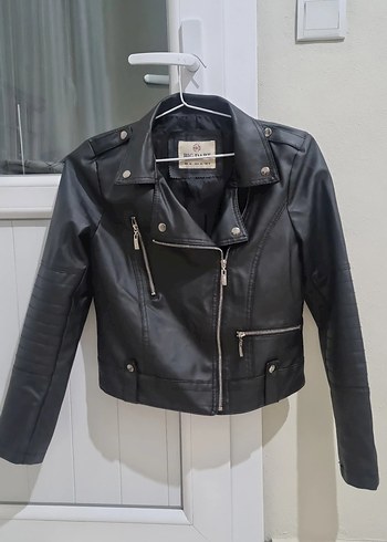 Siyah Deri Biker Ceket Kadın