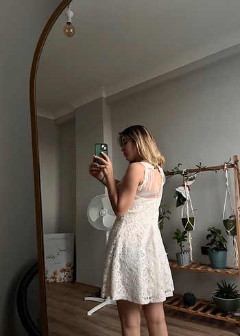 Beyaz Straplez Mini Bohem Gelinlik - Görsel 4