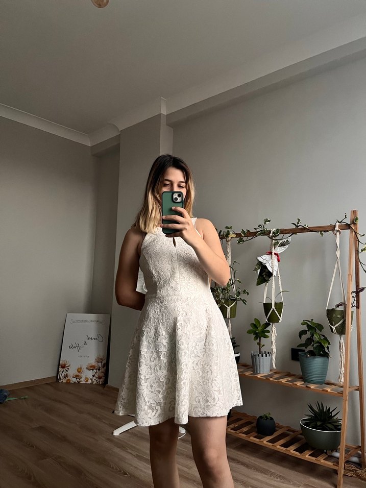 Beyaz Straplez Mini Bohem Gelinlik - Görsel 5