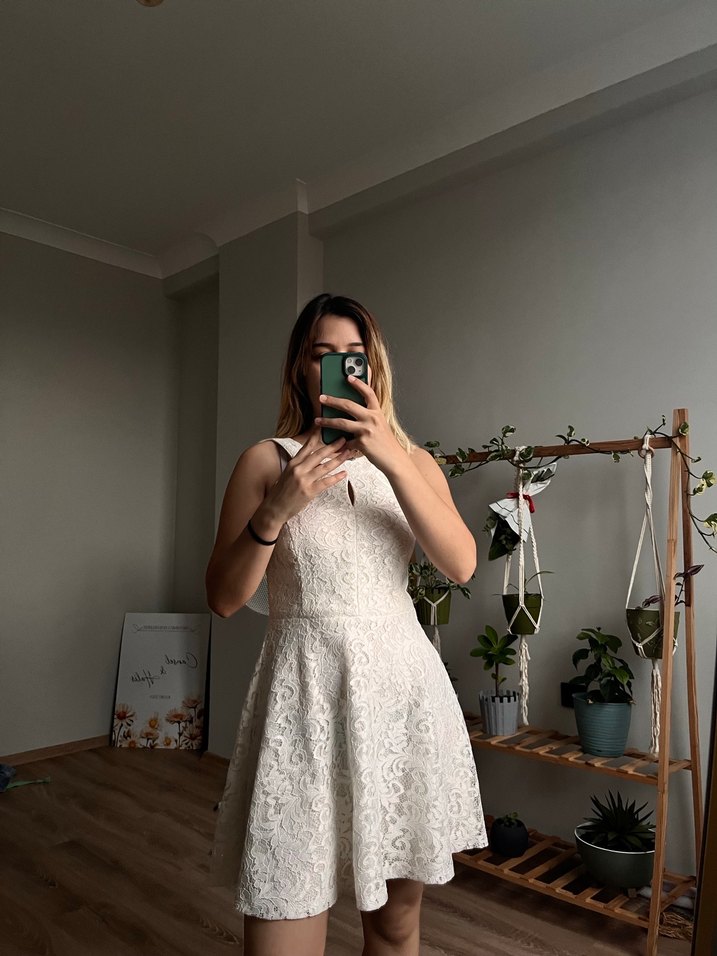 Beyaz Straplez Mini Bohem Gelinlik - Görsel 2