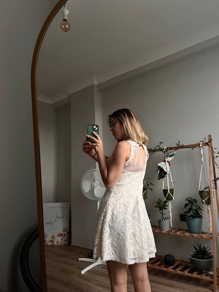 Beyaz Straplez Mini Bohem Gelinlik - Görsel 4