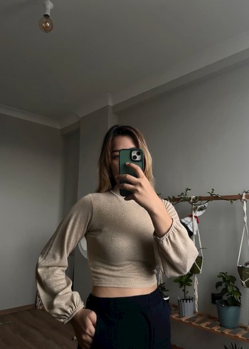 Bej Yüksek Yakalı Kadın Triko Bluz - Görsel 2