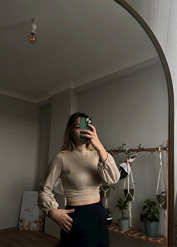 Bej Yüksek Yakalı Kadın Triko Bluz - Görsel 3