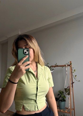 Kısa Kollu Yeşil Kadın Gömlek - Görsel 2