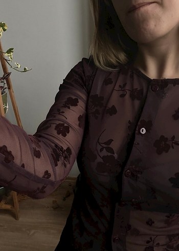 Şeffaf Koyu Kahverengi Uzun Kollu Bluz - Görsel 3