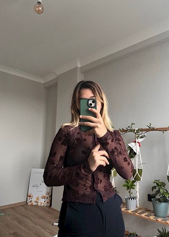 Şeffaf Koyu Kahverengi Uzun Kollu Bluz - Görsel 2