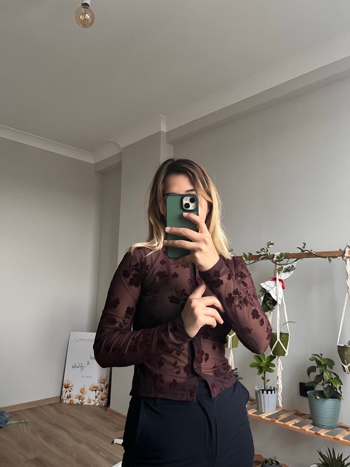 Şeffaf Koyu Kahverengi Uzun Kollu Bluz - Görsel 2