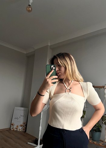 Bej Straplez Kısa Kollu Pamuklu Bluz - Görsel 4