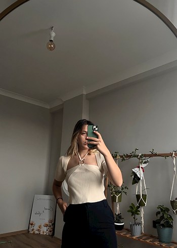 Bej Straplez Kısa Kollu Pamuklu Bluz - Görsel 3