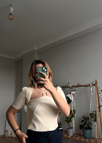 Bej Straplez Kısa Kollu Pamuklu Bluz - Görsel 2