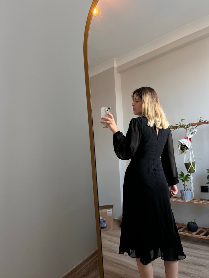 Siyah Transparan Uzun Kollu Uzun Elbise - Görsel 4