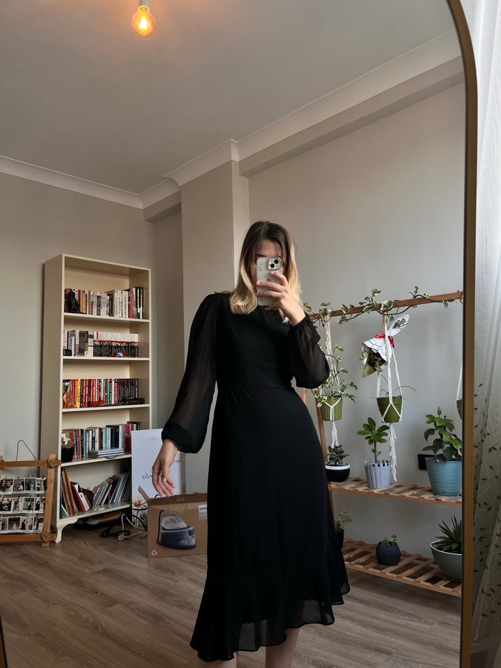 Siyah Transparan Uzun Kollu Uzun Elbise - Görsel 2