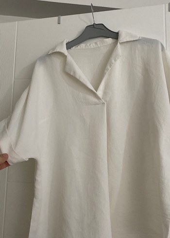 Kadın Keten Kısa Kollu Beyaz Gömlek - Görsel 2