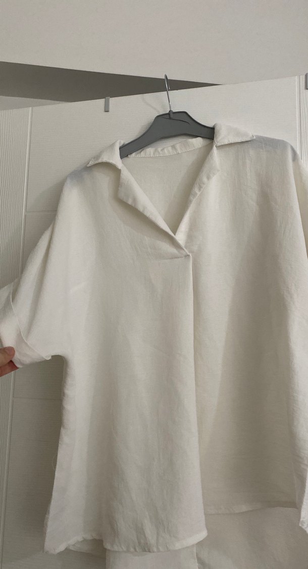 Kadın Keten Kısa Kollu Beyaz Gömlek - Görsel 2