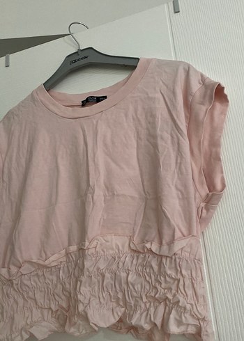 Pembe Keten Kısa Kollu Fırfırlı Kadın Bluz - Görsel 3