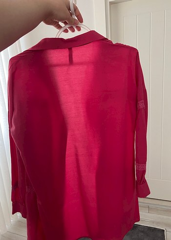 Pembe Uzun Kollu Düğmeli Keten Gömlek - Görsel 2