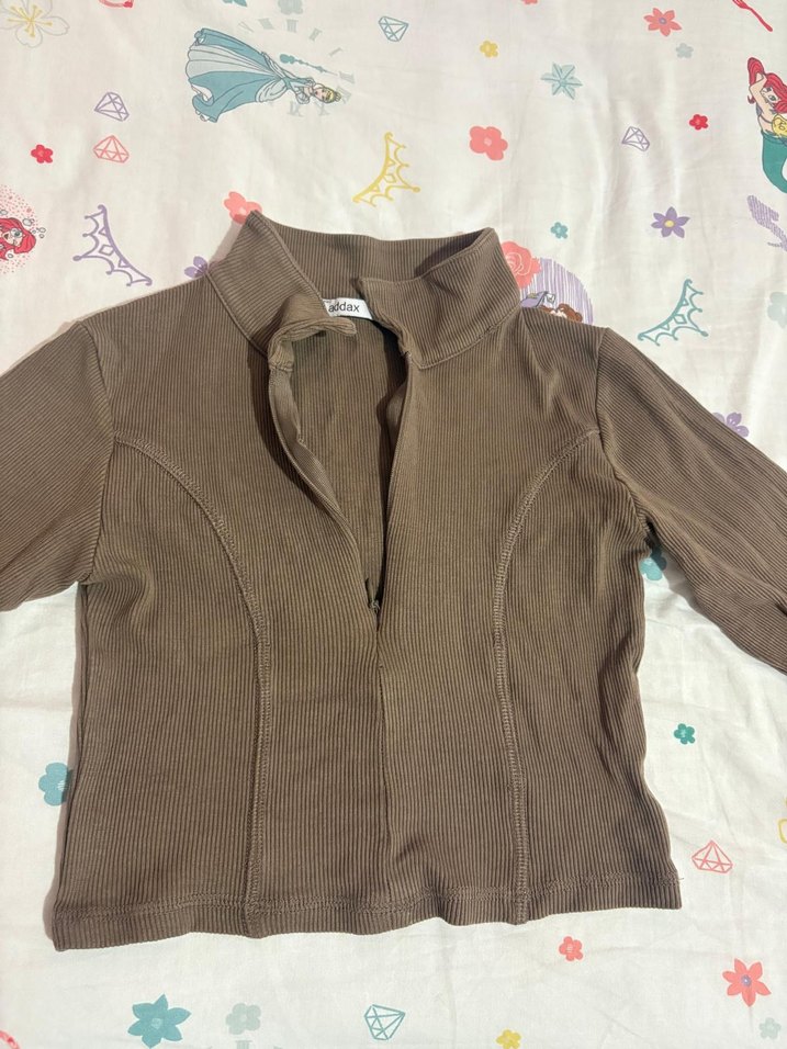 Kadın Kahverengi V Yaka Uzun Kollu Crop - Görsel 3