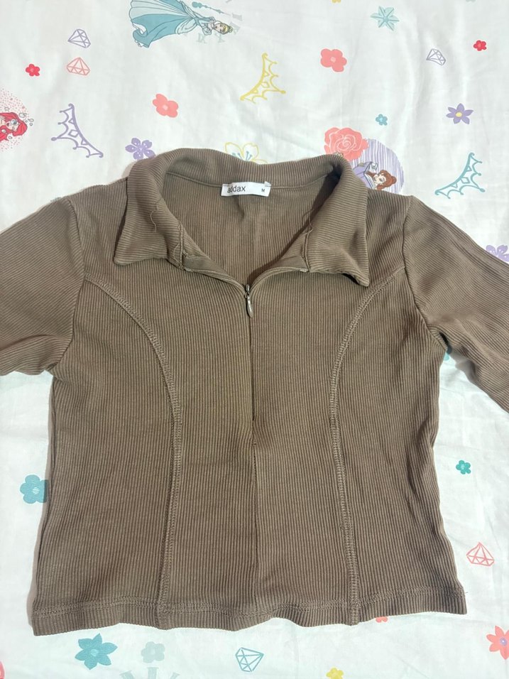 Kadın Kahverengi V Yaka Uzun Kollu Crop - Görsel 4