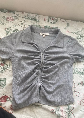 Gri Kısa Kollu fermuarlı koton tshirt