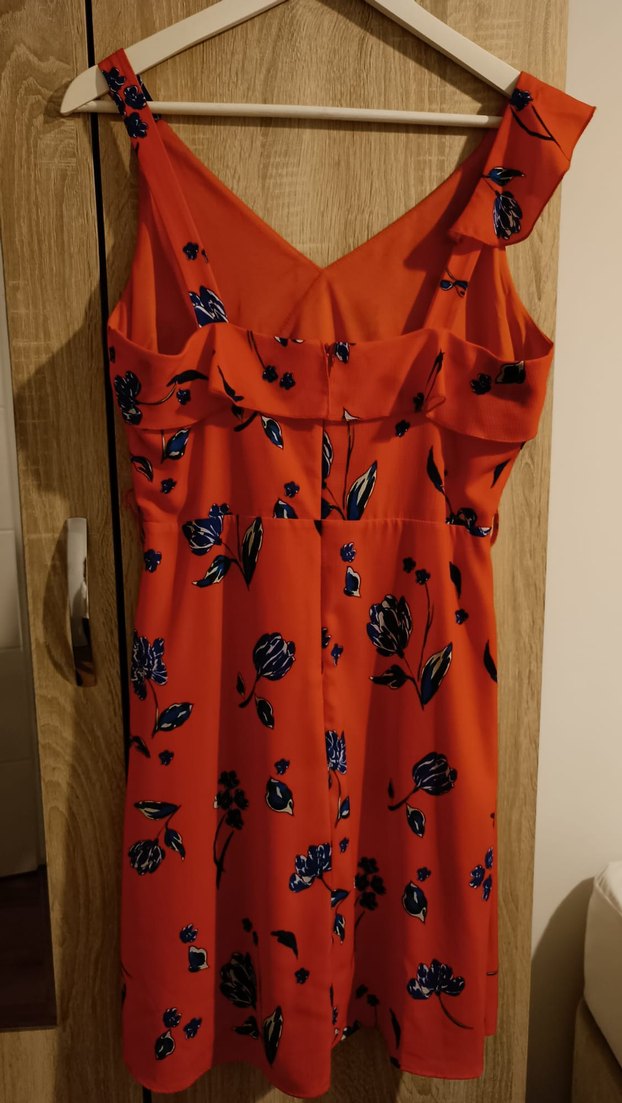 Kırmızı Çiçekli Volanlı Midi Elbise - Görsel 4